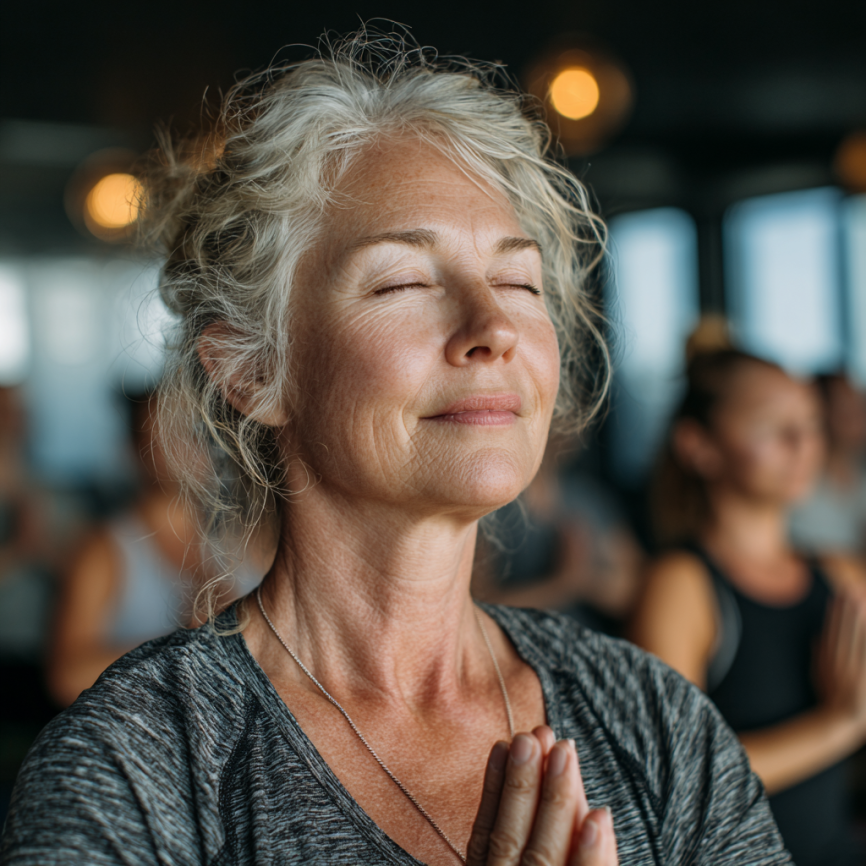 Старша жінка виконує йогу на природі