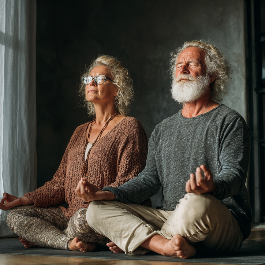 Група літніх людей практикує йогу