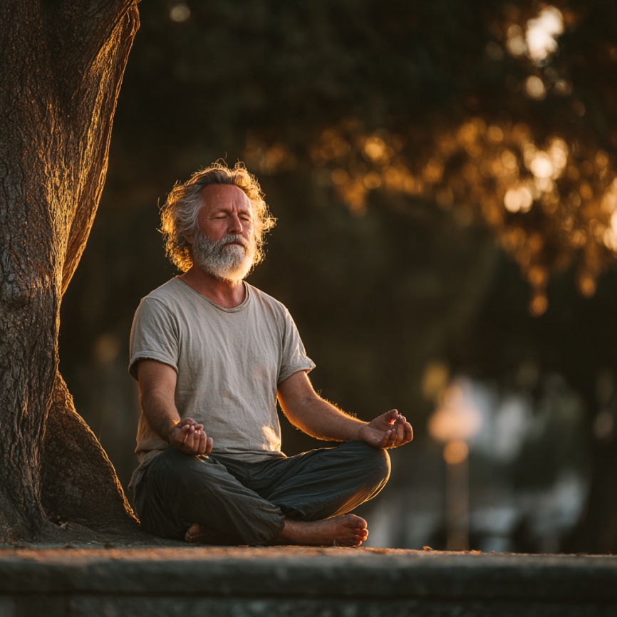 Група літніх людей практикує йогу